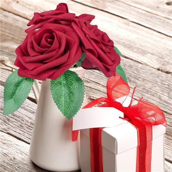 50Pcs Red Roses Artificial Flowers, Dark Red Fake Real Looking Foam Rose Wedding - Picture 8 of 12